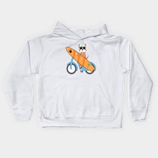 Kawaii surfer dog cycling and holding a surfboard Kids Hoodie